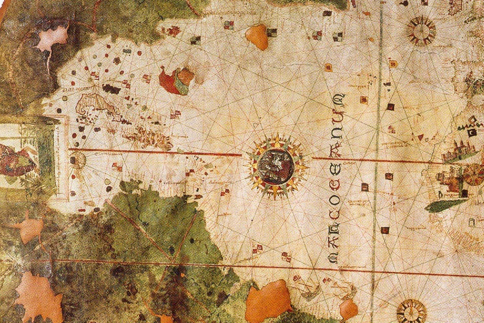 Detail of Juan de la Cosa's 1500 portolan chart, the earliest surviving map to show the Caribbean.