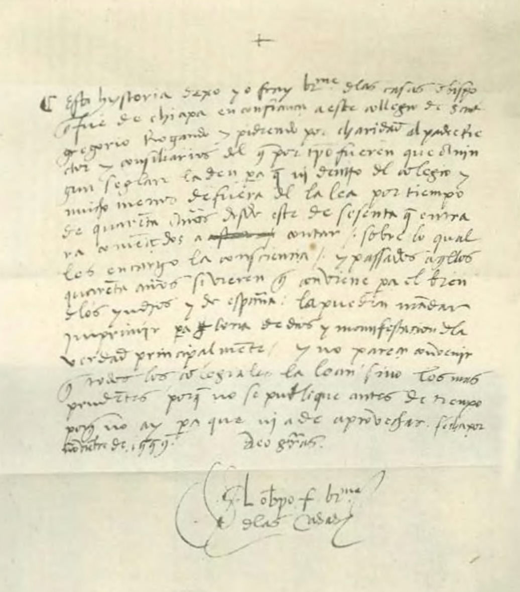 Una página manuscrita de Bartolomé de las Casas que termina con su firma.